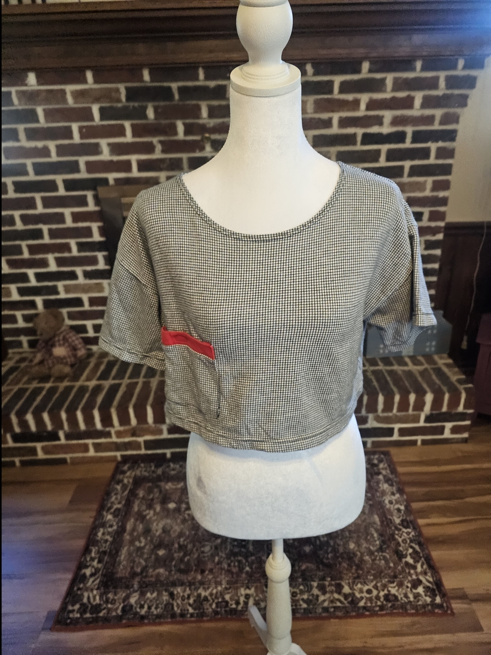 Vintage Style Black And White Checkered Crop Top with Red Pocket Detail